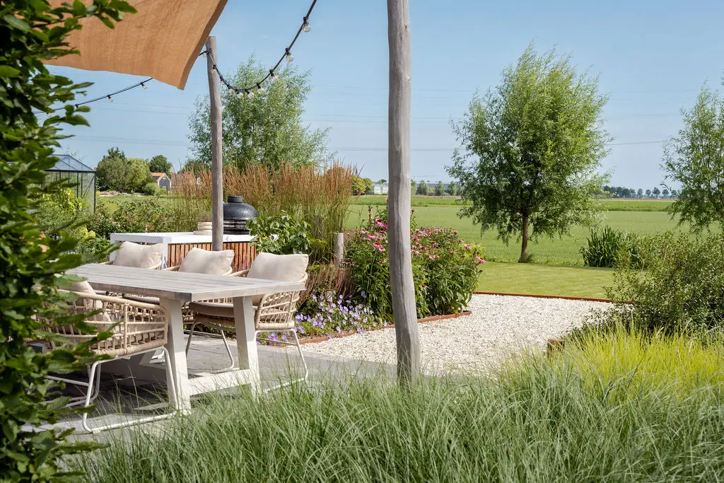 landelijketuin, terras, borders, cortenstaal, siergrind