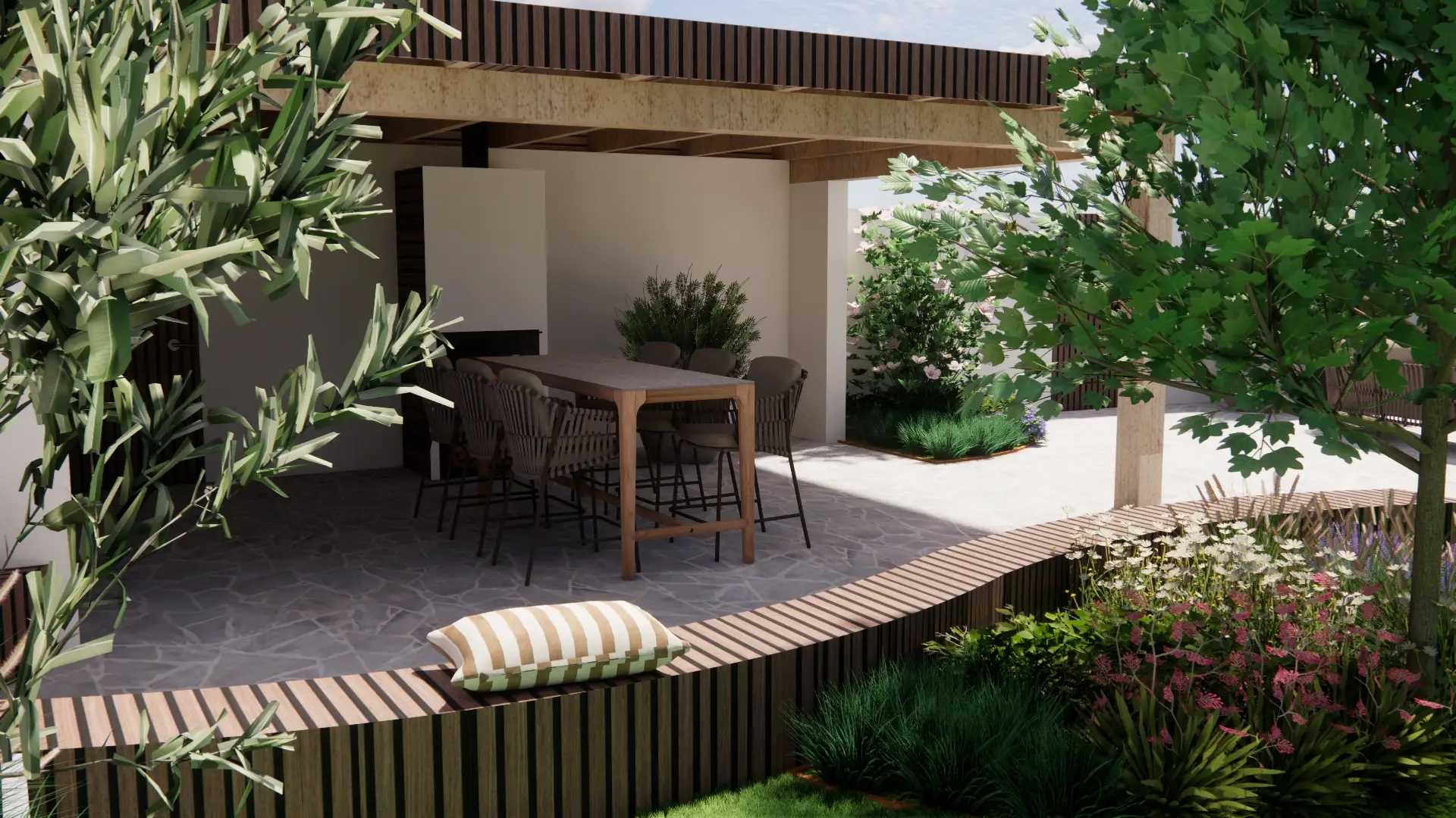 mediterane tuin, veranda, gestucte muur, plantenbakken, flagstones, houten bank, organische vormen, gazon, japandi stijl, olijfboom