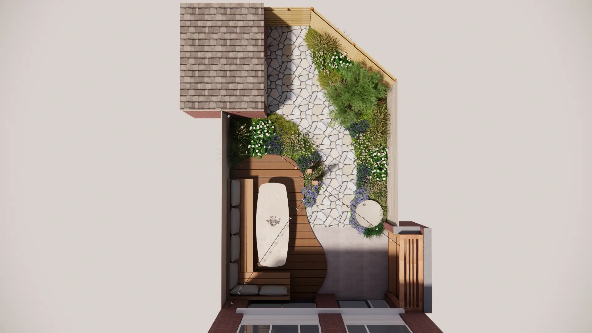 kleine stadstuin, flagstones houten vlonder, kerama, pergola, prieel, siergrind, groenindetuin