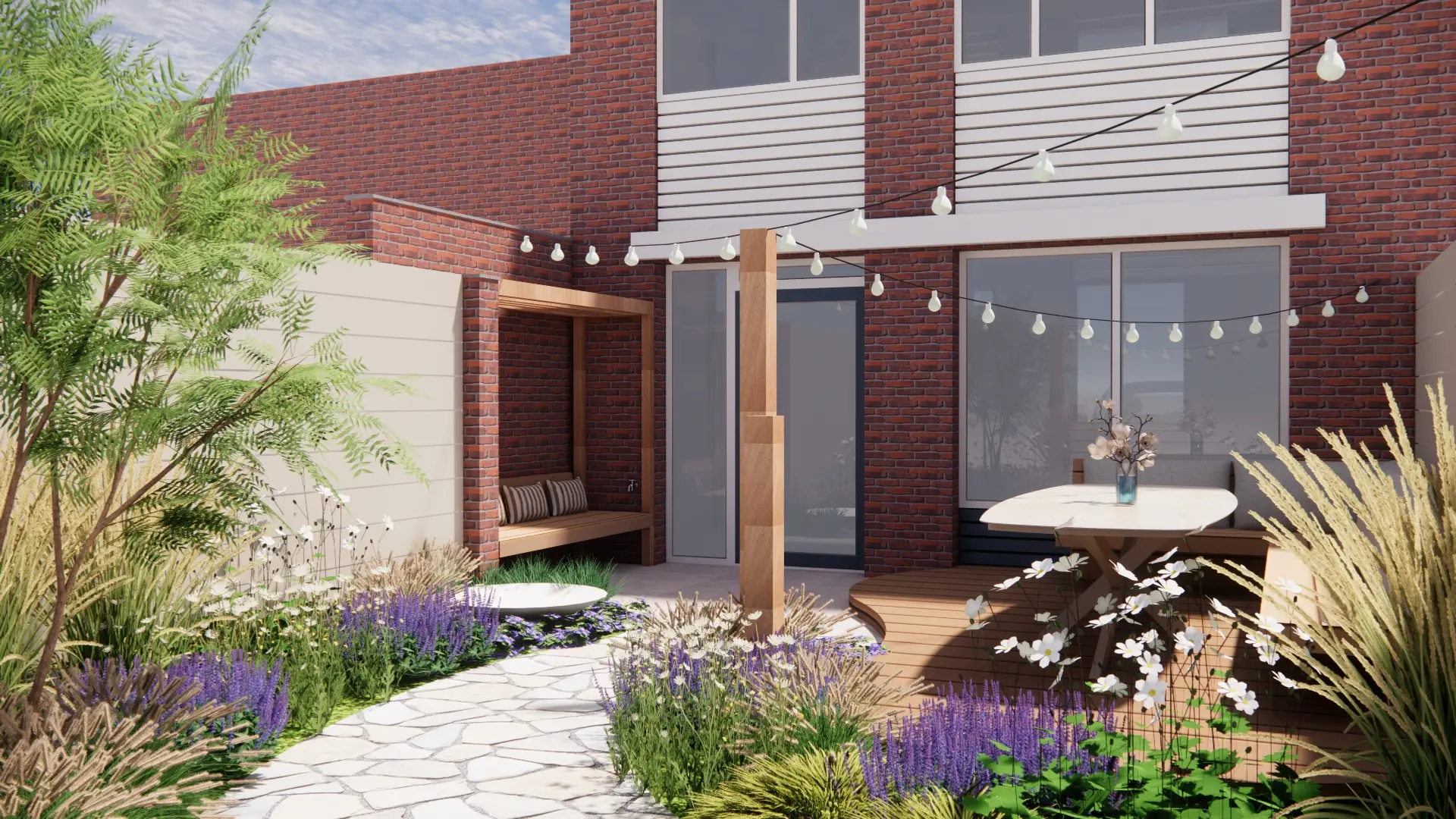 kleine stadstuin, flagstones houten vlonder, kerama, pergola, prieel, siergrind, groenindetuin
